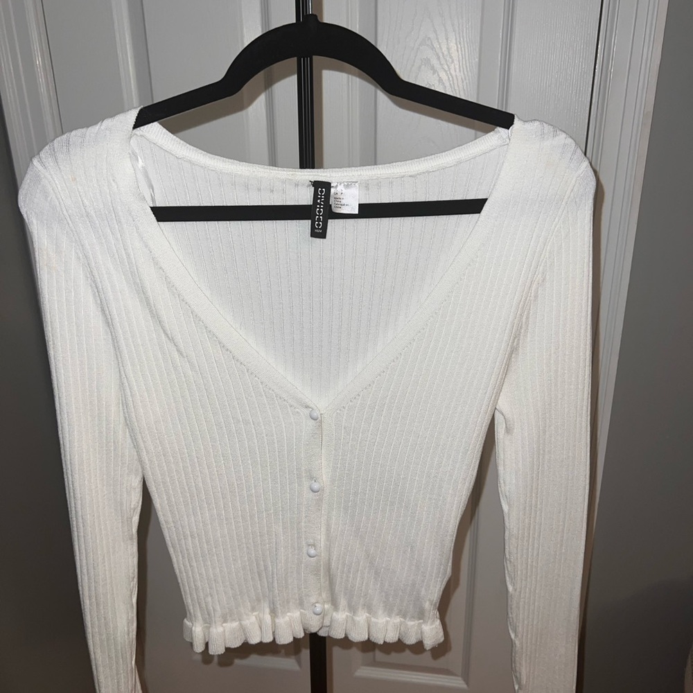 H&M White Ribbed Button-Down Sweater